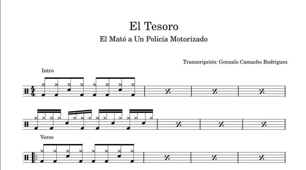 El Tesoro - El Mato a un Policia Motorizado - partitura de bateria