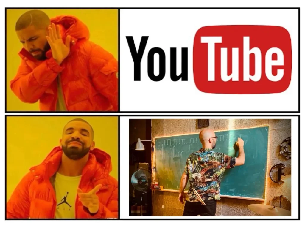 Meme de Drake comparando aprender batería en YouTube vs. clases presenciales con profesor Gonzalo Camacho en Barcelona